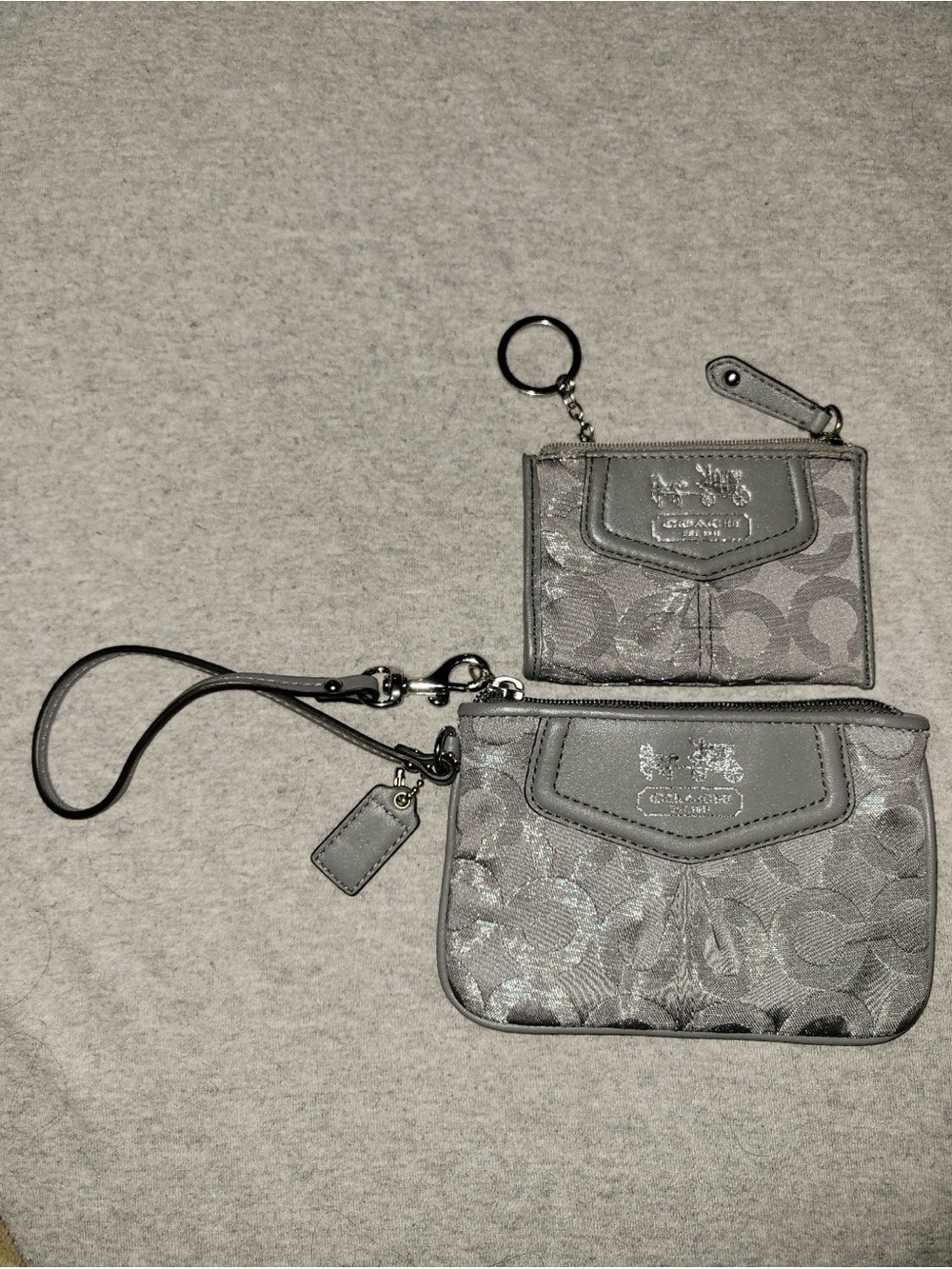 Coach Silver Gray Signature Wristlet and Card Case Set